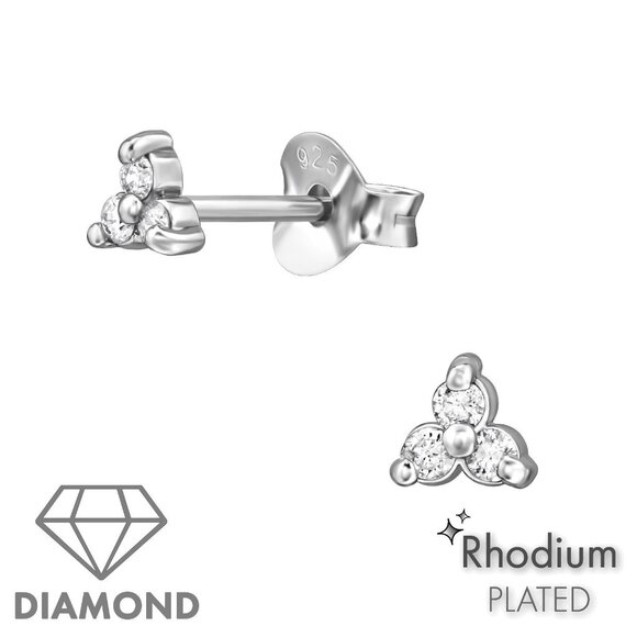 Sterling Silver Rhodium Finish Diamond Flower Ear Studs - Picture 1 of 12